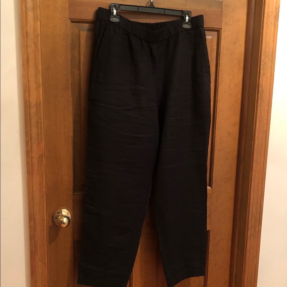 Eileen Fisher Black Elastic-Waist Straight-Leg Linen Ankle Pants - Picture 5 of 7